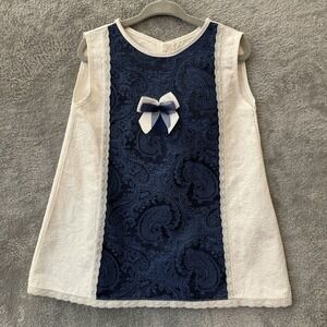 Prim Baby Girl Dress Size 24 Months Ivory / Blue Embroidered Made In Spain 24M